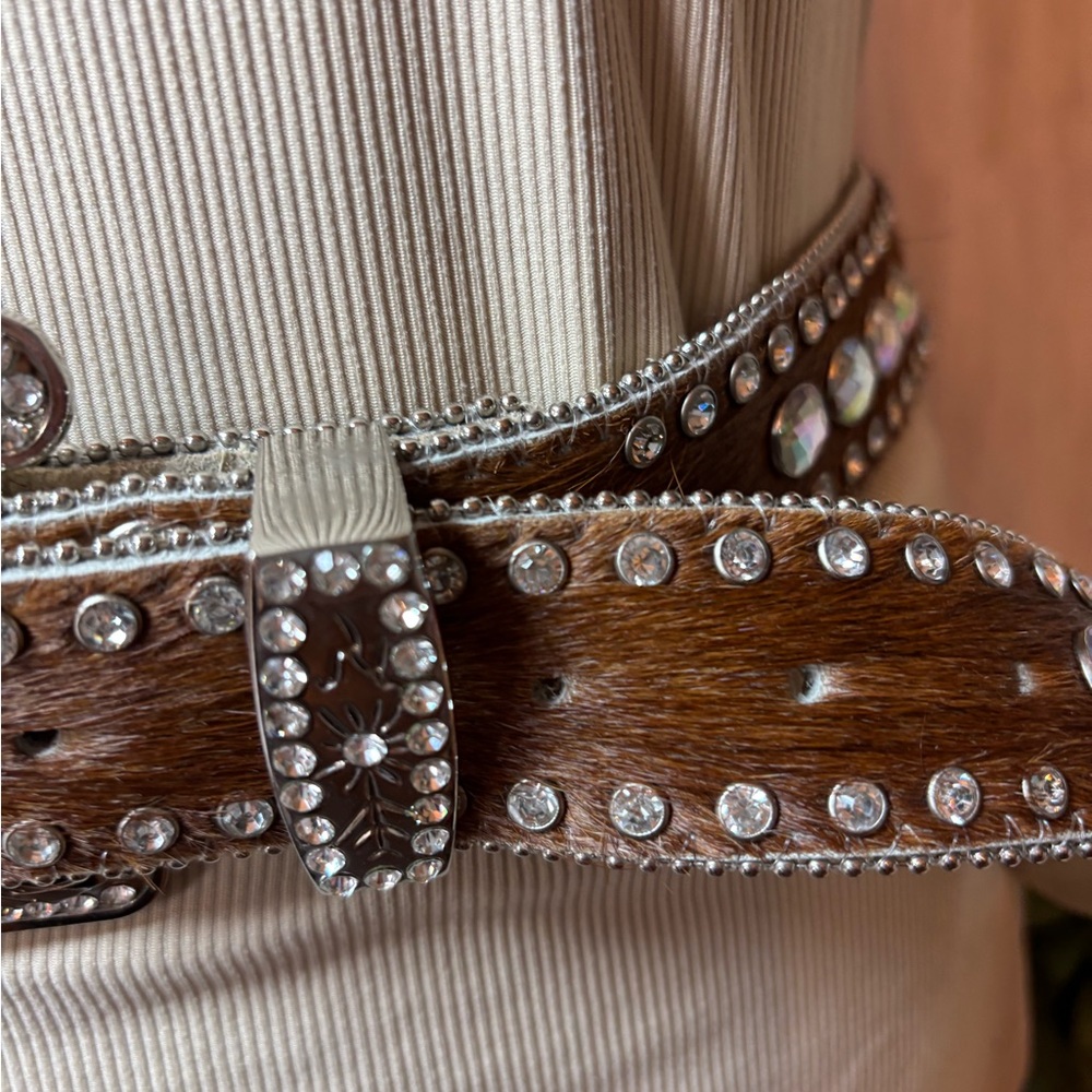 Nocona Genuine Leather Calf Hair on Hide Rhinestone Belt Rodeo Western Bling - Picture 8 of 16